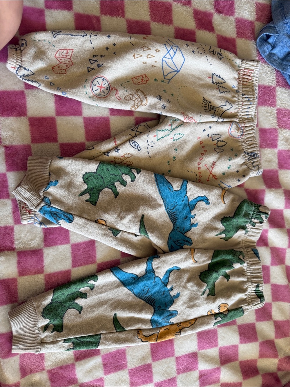 Kidgets Beige Joggers with Blue & Green Dinosaur Print